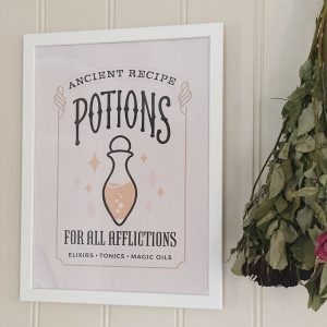 Bildedekor med motivet; POTIONS, for all afflictions. Elexirs, tonics, magic oil