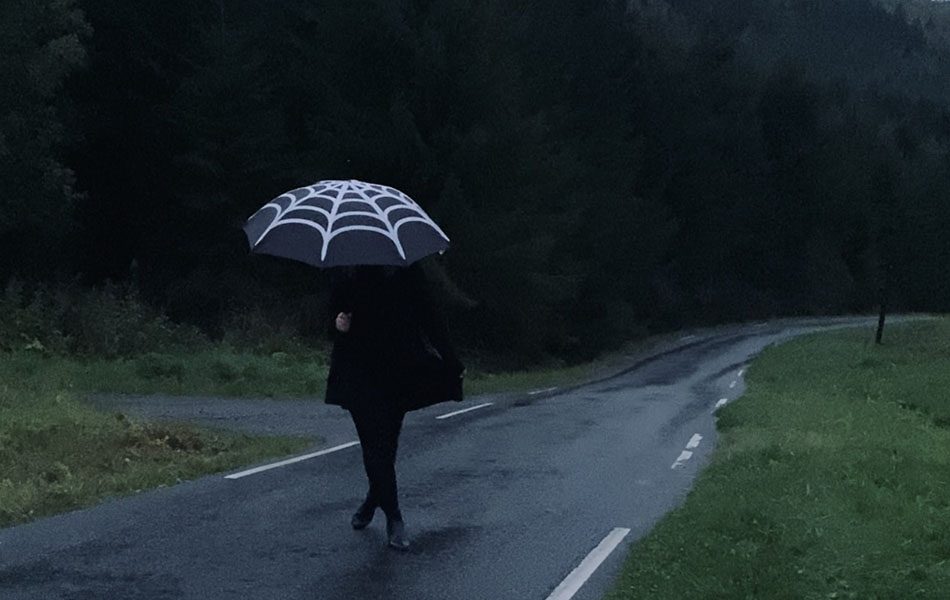 Dark moody heks med paraply med spindelvev motiv.