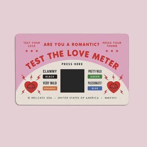 Humørkort med teksten "Are you a romantic? Test the love meter"